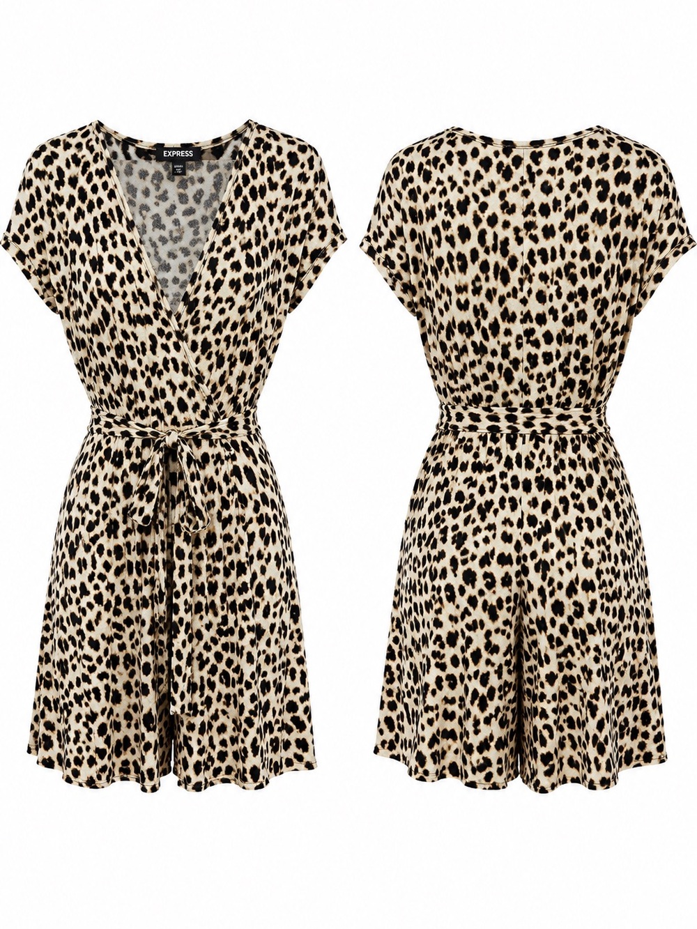 Express Leopard Print Tie-Waist Romper in Beige and Black